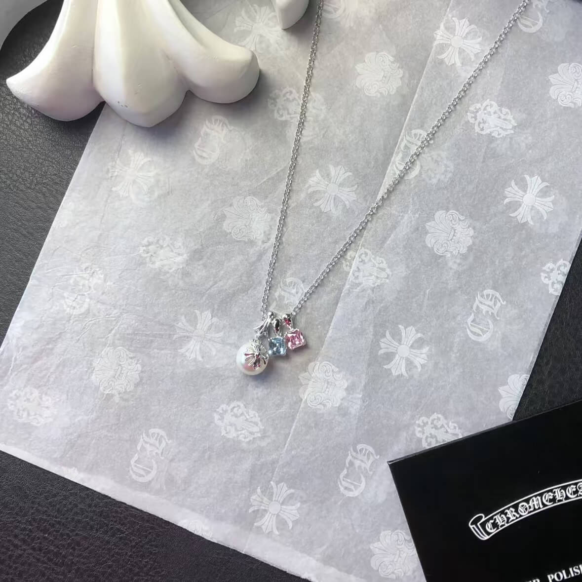 Cross Pearl & Colored Diamond Necklace