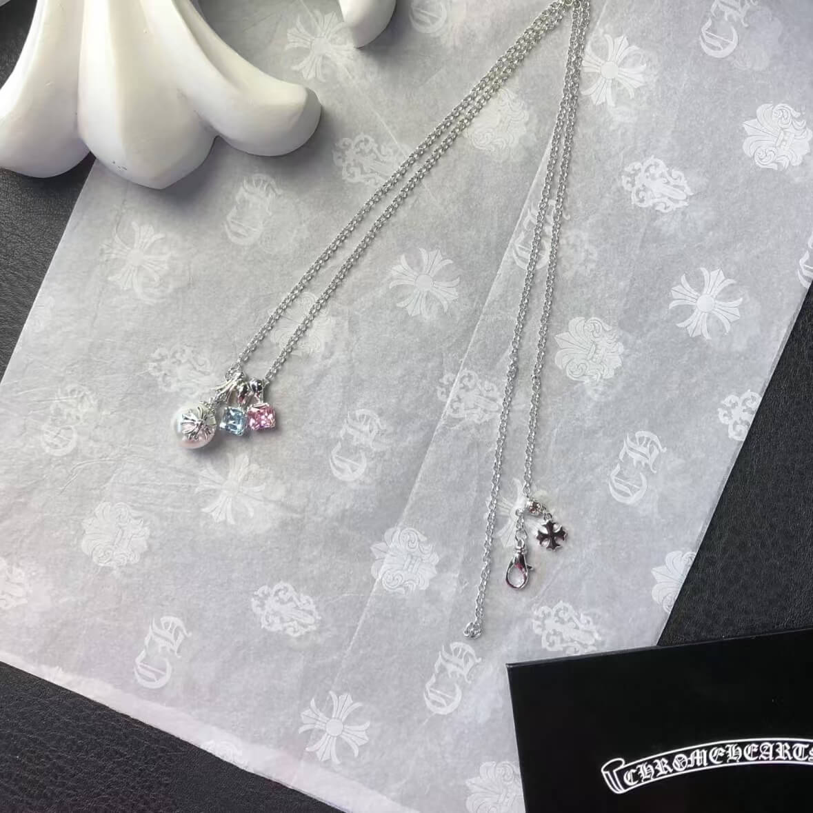 Cross Pearl & Colored Diamond Necklace