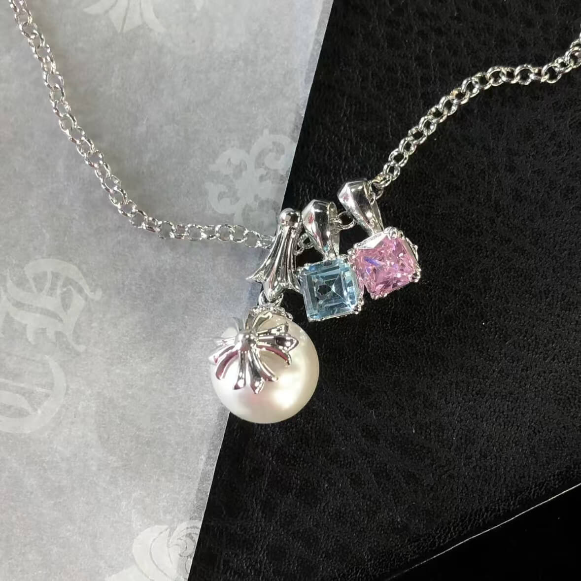 Cross Pearl & Colored Diamond Necklace