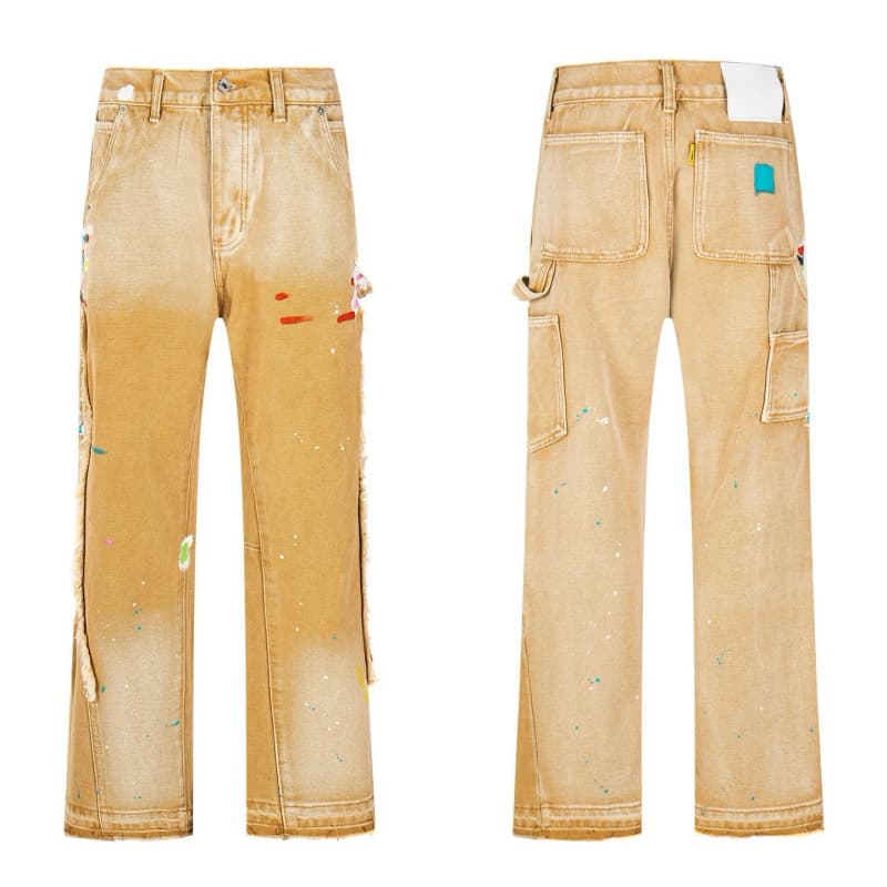 Yellow Graffiti Splash Paint Washed Denim Pants