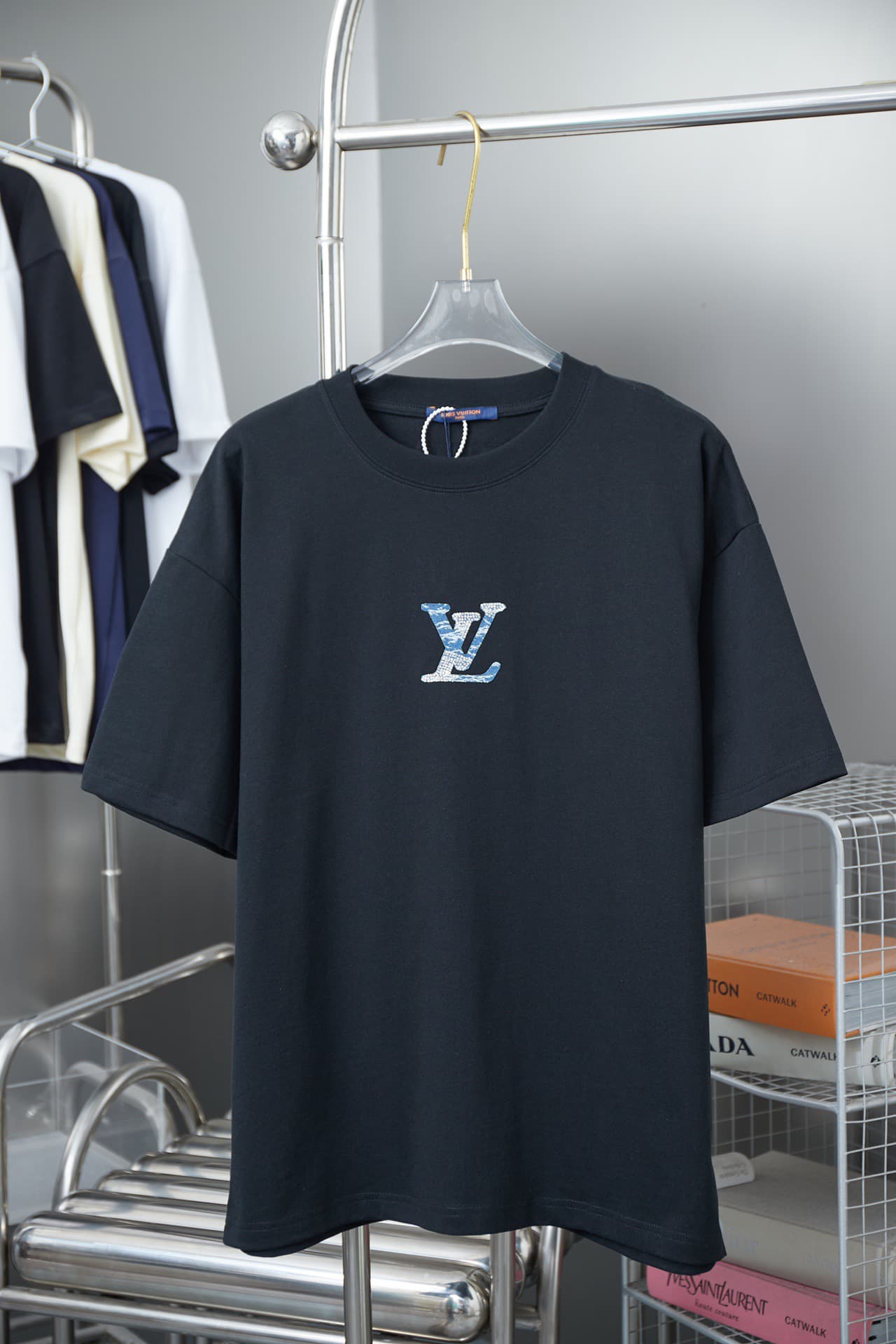 2025 New Denim Patch Rhinestone Letter T-shirt