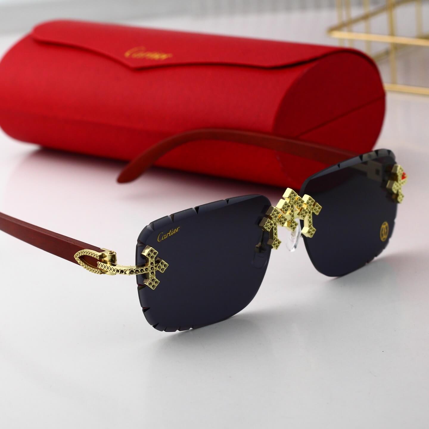 Lunettes de soleil rétro sans monture avec croix dorée
