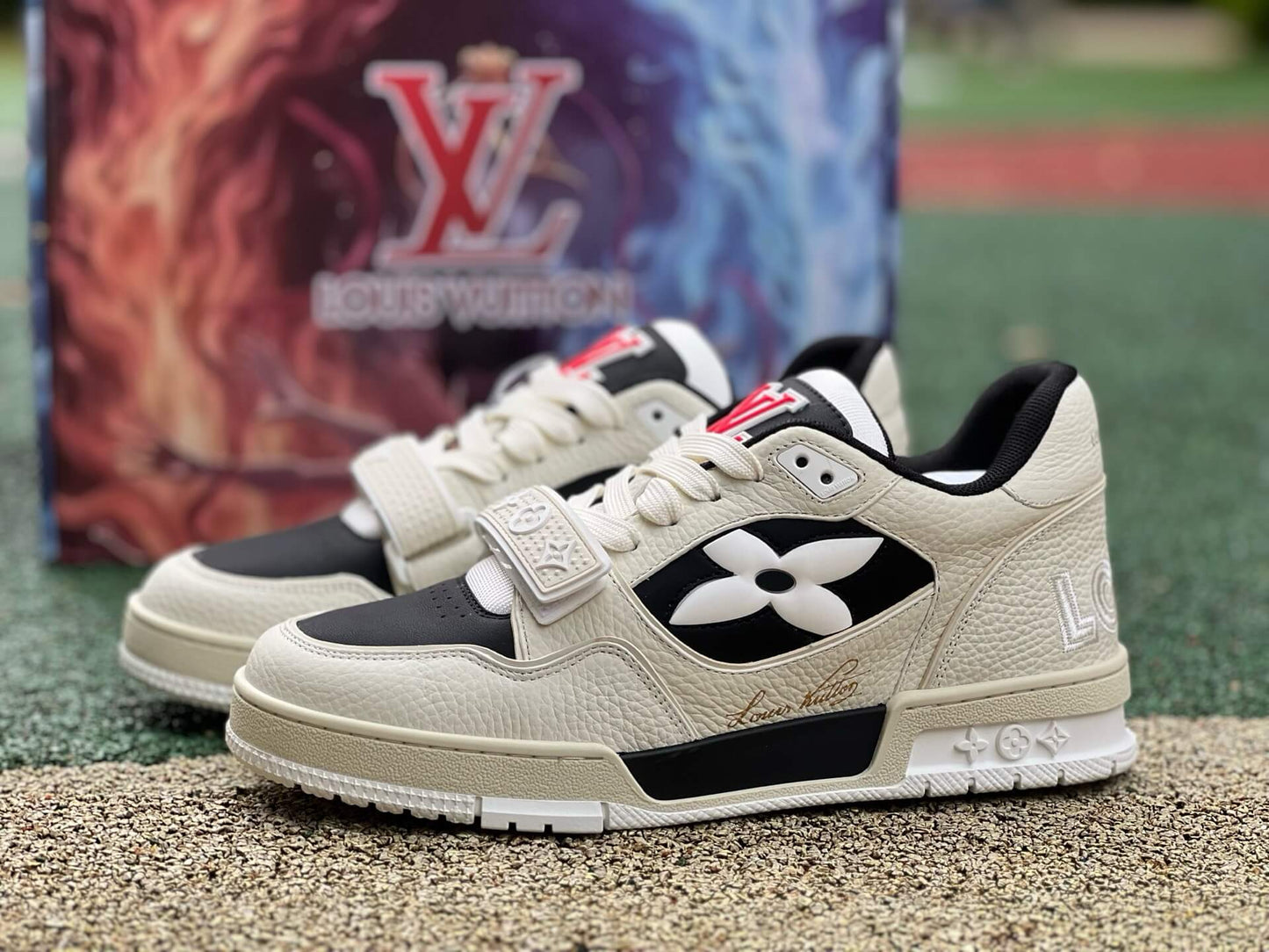 White and Black Velcro Strap Sneakers