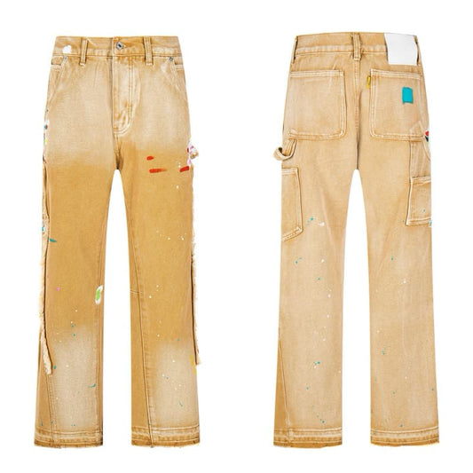 Yellow Graffiti Splash Paint Washed Denim Pants