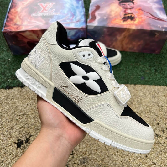 White and Black Velcro Strap Sneakers