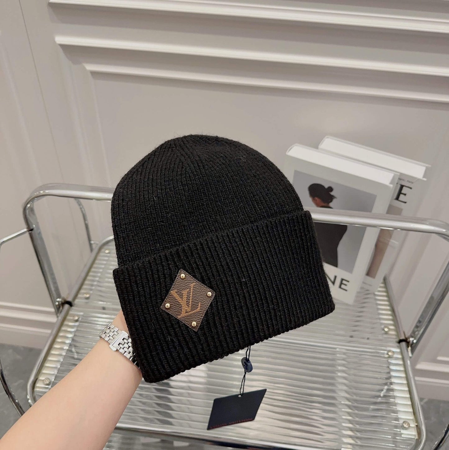 Leather Accent Knit Hat